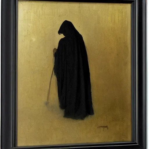 Image similar to Back view of the grim reaper, thin black robe, curvy, death himself, deep shadows, award winning, by Ilya Repin