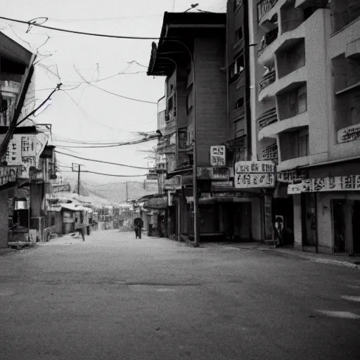 Image similar to 1950s Korean thriller film noir, a view of Shin Sang-ok in the middle of an empty scene, 35mm film, Cooke Varotal 20-100 T3.1