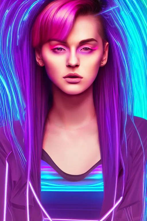 Image similar to a award winning half body portrait of a beautiful woman with stunning eyes in a croptop and cargo pants with ombre purple pink teal hairstyle by thomas danthony, surrounded by whirling illuminated lines, outrun, vaporware, shaded flat illustration, digital art, trending on artstation, highly detailed, fine detail, intricate