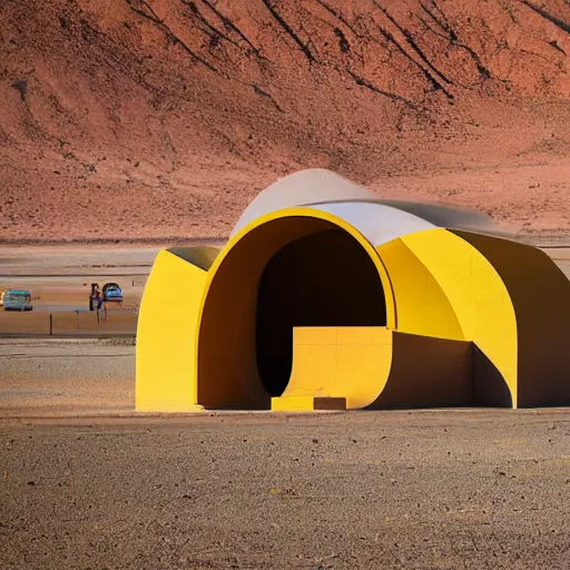 Image similar to architectural photograph by iwan baan of a cheerful recreational building in the shape of a monitor lizard in the middle of the desert, colorful desert architecture designed by future systems