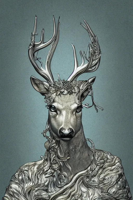 Prompt: silver deer, in the style of Greg Broadmore and Arthur Rackham and Moebius,trending on artstation, light lighting side view,digital art,surrealism ,macro,blueprint ,vaporwave ,