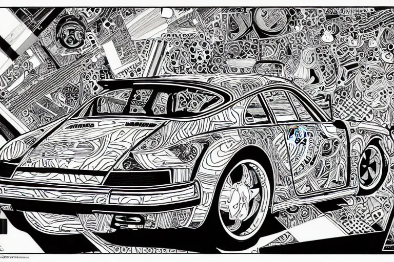 Image similar to a black and white drawing of a porsche 9 1 1, a detailed mixed media collage by hiroki tsukuda and eduardo paolozzi and moebius, intricate linework, sketchbook psychedelic doodle comic drawing, geometric, street art, polycount, deconstructivism, matte drawing, academic art, constructivism