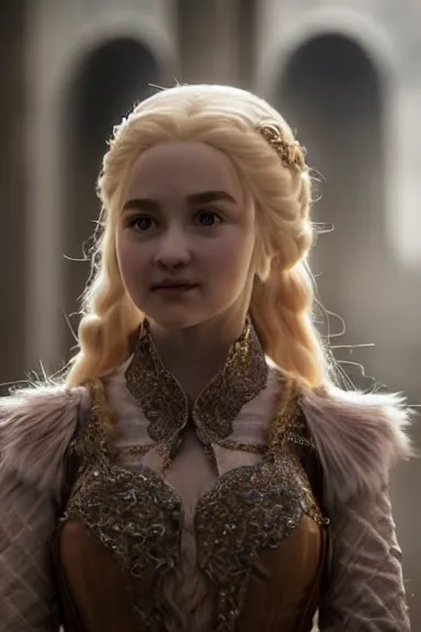 Image similar to very very intricate photorealistic photo of a realistic human version of princess peach in an episode of game of thrones, photo is in focus with detailed atmospheric lighting, award - winning details