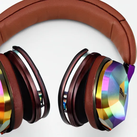 Image similar to masterpiece photo of beautiful crafted bismuth metal headphones, bismuth rainbow metal, bismuth cups, leather padding, displayed on mahogany desk, modernist headphones, bismuth headphones beautiful well designed, hyperrealistic, audiophile, intricate hyper detail, extreme high quality, photographic, meze audio, sennheiser, hifiman, artstation