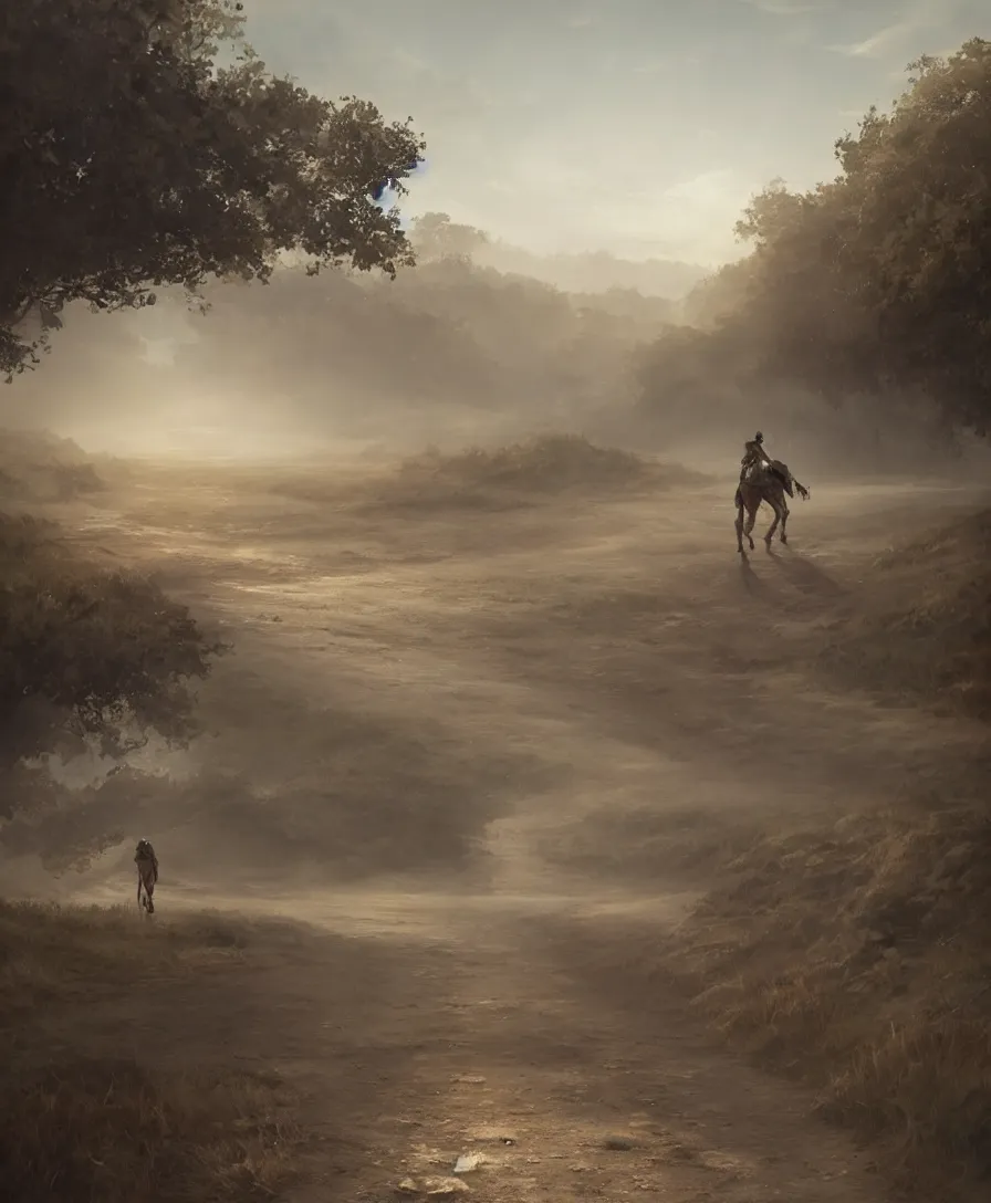 Image similar to hyper realistic knight walking on a long dirt road, wide angle, illustrated by greg rutkowski, beautiful volumetric lighting, intricate, ultra detailed, photorealistic, trending on artstation, octane render, 8 k