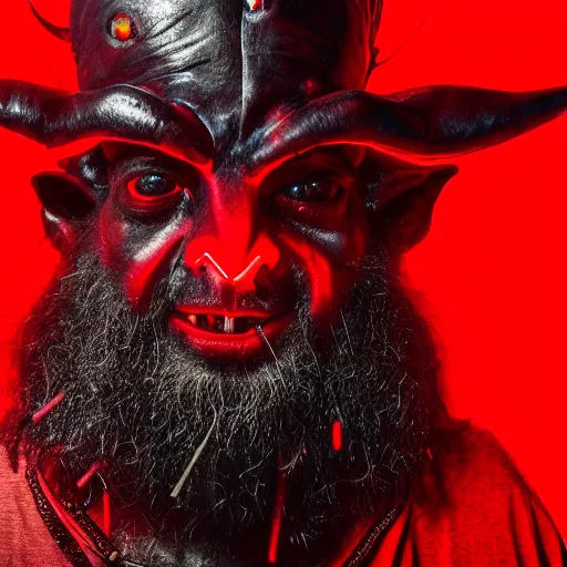 Prompt: a close up of a Rabbi that is the devil with horns looking at the camera in anger, cyberpunk art, neon, satan, red skin, dark, ominous, haunting, sinister, close-up, studio lighting, red lighting, scary, horror, dark,