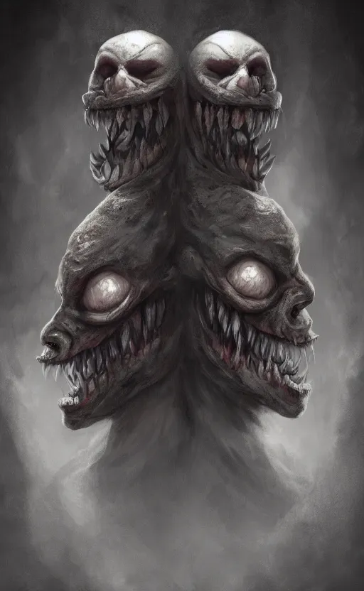 Image similar to full body portrait of of a two headed monster smiley creepily, dynamic lighting, photorealistic, fantasy concept art, ambient lighting, atmospherical, stunning visuals, creative, cinematic, ultra detailed, trending on art station