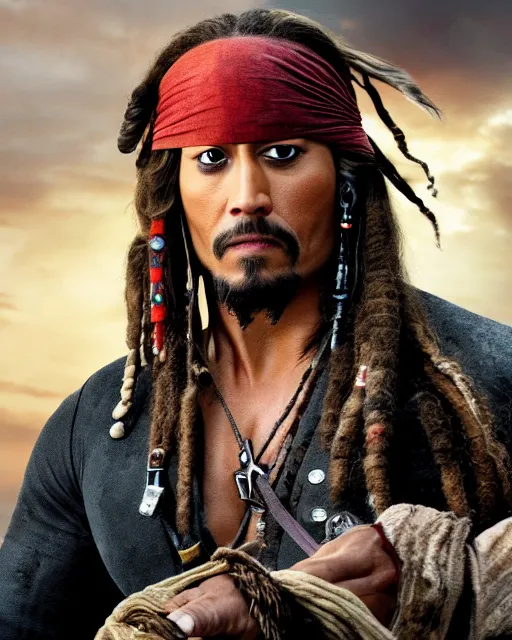 Prompt: Film still close-up shot of Dwayne Johnson as Captain Jack Sparrow with Dwayne The Rock Johnsons face from the movie Pirates of the Caribbean. Dwayne The Rock Johnson Photographic, photography