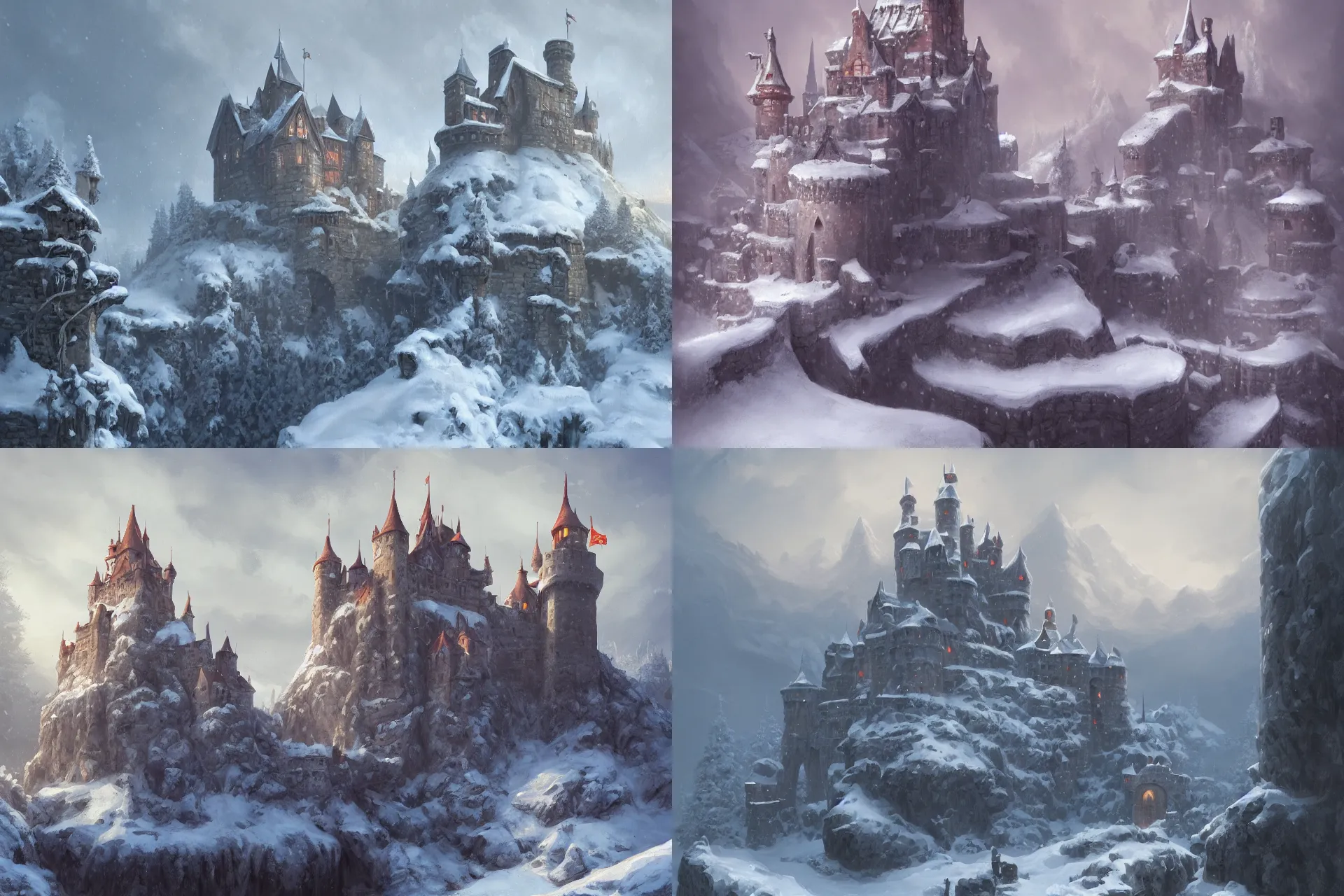 Prompt: a painting of a castle in the middle of a snowy mountain, a detailed matte painting by andreas rocha, featured on artstation, fantasy art, matte drawing, matte painting, artstation hq