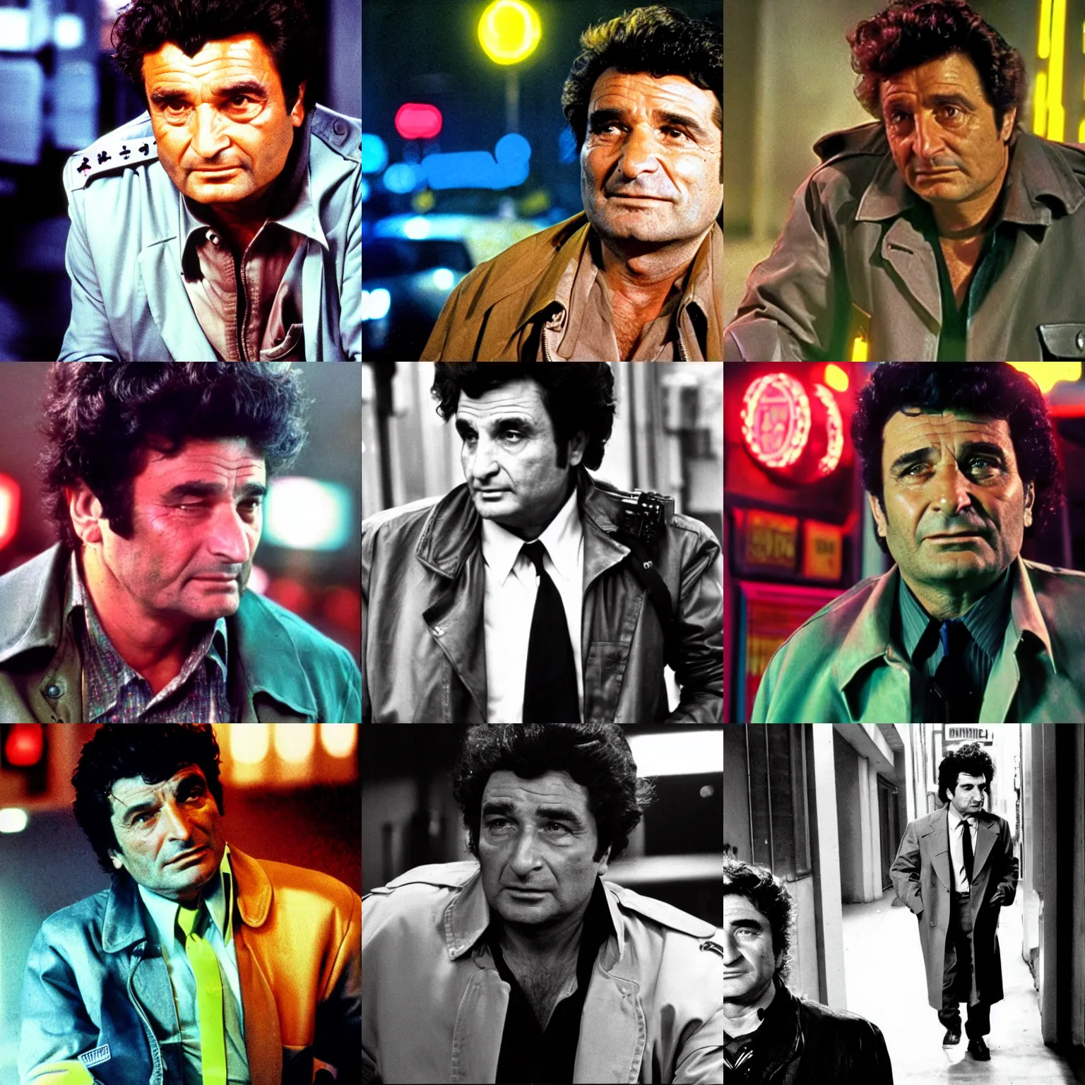 Prompt: 8 0 s neon cyberpunk police detective columbo ( played by young peter falk ) in his messy trenchcoat, smirking, in a cyberpunk city, led lights