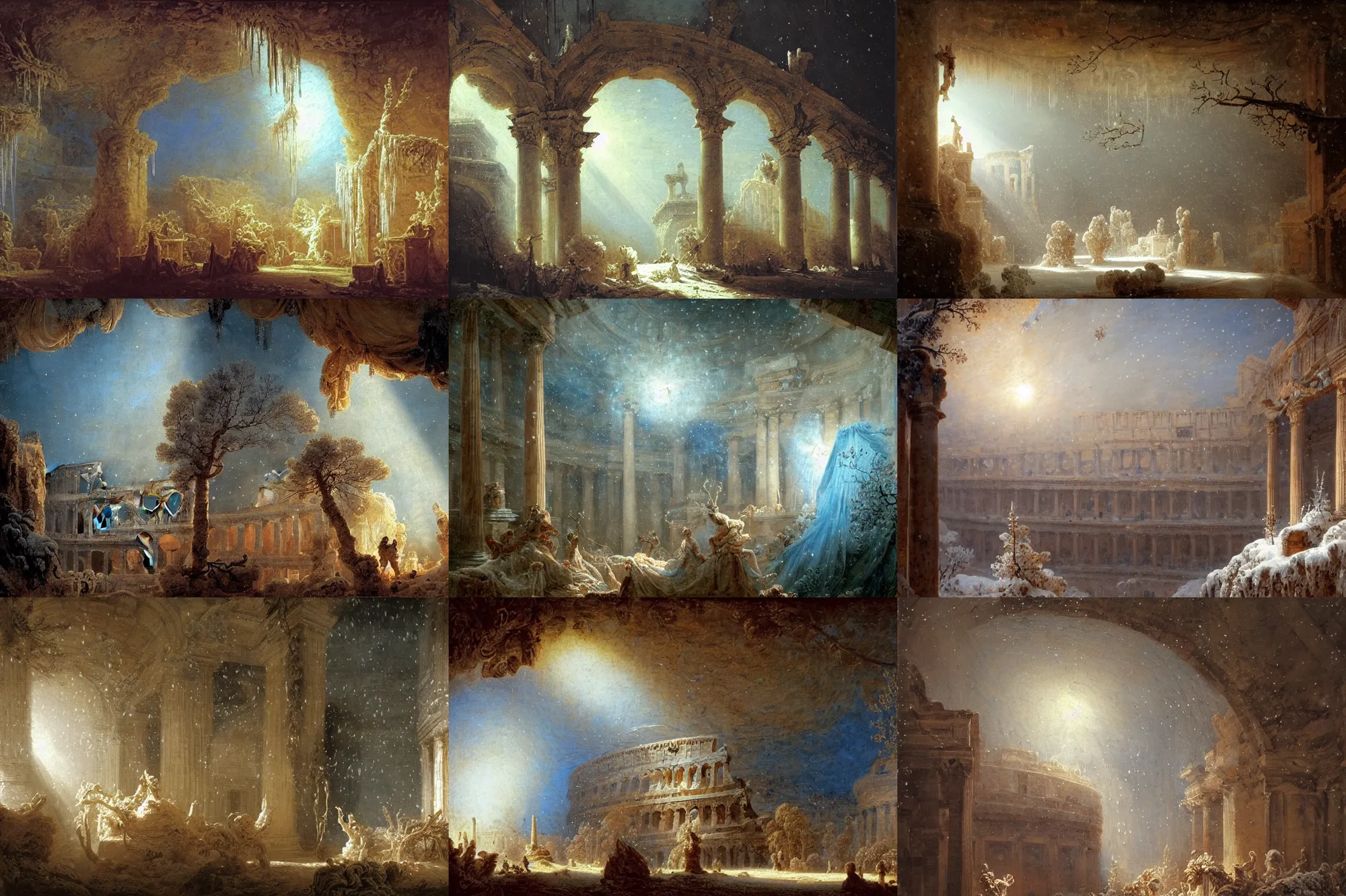 Prompt: new years day at a colloseum, dry trees, winter blue drapery, hanging tarp ceiling showing the stars, icicles, stoic, light dust, magnificent, hyperdetailed, theatrical, close up, masterpiece, painted by jean honore fragonard and greg rutkowski