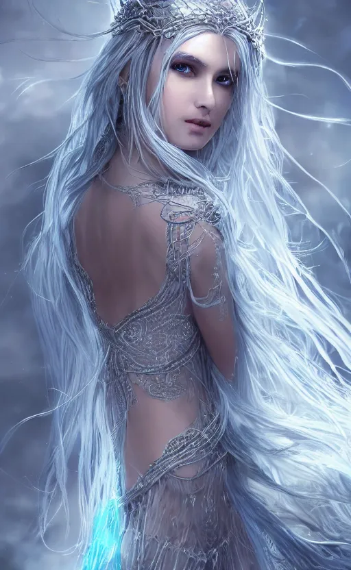 Image similar to an elven woman with long, silver hair cascading down her back. she has delicate, angular features and piercing blue eyes. she's clad in a flowing white dress with intricate silver embroidery, dynamic lighting, photorealistic fantasy concept art, trending on art station, stunning visuals, creative cinematic, ultra detailed