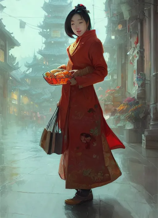 Image similar to beautiful grocery chinese woman in coat ， winer ， wenjun lin intricate, elegant, highly detailed, digital painting, artstation, concept art, matte, sharp focus, illustration, hearthstone, art by artgerm and greg rutkowski and alphonse mucha