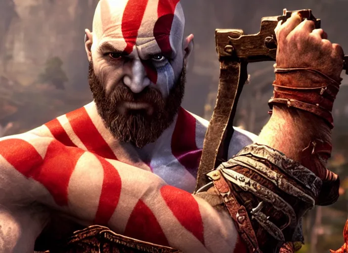 Prompt: in game screenshot of kratos holding up a laptop computer in victory from the new god of war game, 4 k