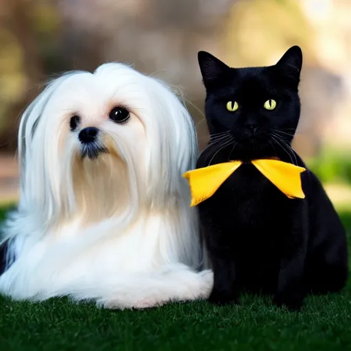 Prompt: a maltese dog and a black cat