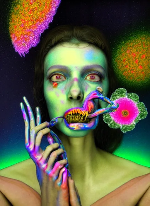 Prompt: hyper detailed 3d render like a Oil painting - Aurora (cyberpunk oil rainbow faced Singer) seen Eating of the Strangling network of yellowcake aerochrome and milky Fruit and Her delicate Hands hold of gossamer polyp blossoms bring iridescent fungal flowers whose spores black out the foolish stars by Jacek Yerka, Mariusz Lewandowski, Houdini algorithmic generative render, Abstract brush strokes, Masterpiece, Edward Hopper and James Gilleard, Zdzislaw Beksinski, Mark Ryden, Wolfgang Lettl, hints of Yayoi Kasuma, octane render, 8k