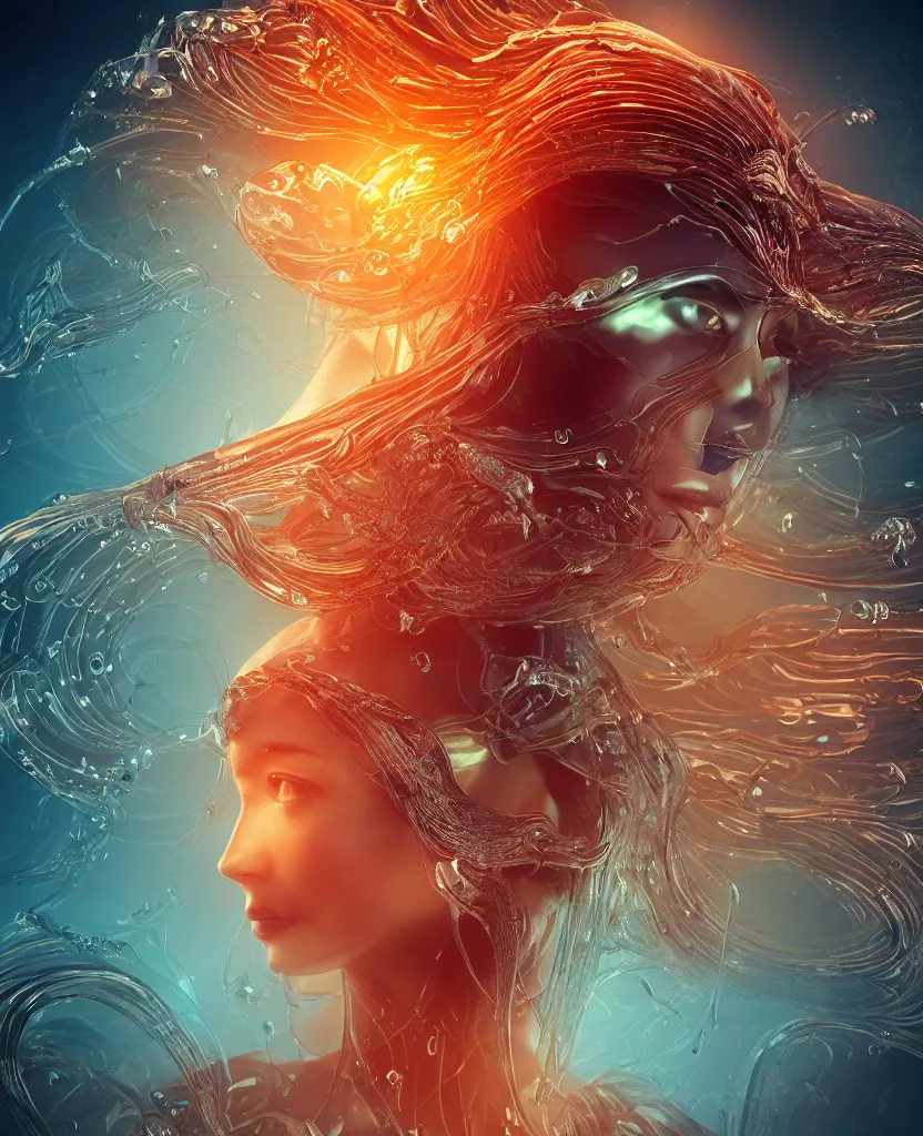 Image similar to close-up macro portrait of the face of a beautiful princess, epic angle and pose, symmetrical artwork, 3d with depth of field, blurred background, cybernetic jellyfish female face skull phoenix bird, translucent, nautilus, energy flows of water and fire. a highly detailed epic cinematic concept art CG render. made in Maya, Blender and Photoshop, octane render, excellent composition, cinematic dystopian brutalist atmosphere, dynamic dramatic cinematic lighting, aesthetic, very inspirational, arthouse. y Greg Rutkowski, Ilya Kuvshinov, WLOP, Stanley Artgerm Lau, Ruan Jia and Fenghua Zhong