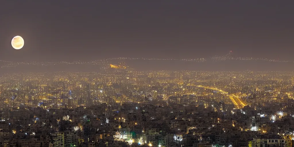 Prompt: tehran skyline in a winter night, full moon and a dragon in the sky