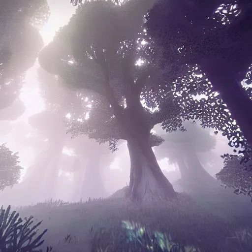 Image similar to enchanted magical mysterious forest, parallax layer from a gorgeous indie platform game, on a white background, intricate, highly detailed, volumetric fog, masterpiece