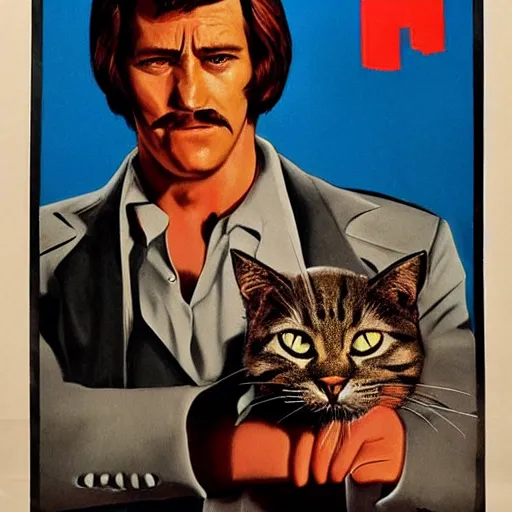 Prompt: movie poster for a 7 0 s s action film where the main character is a cat holding a gun, high detail portraits