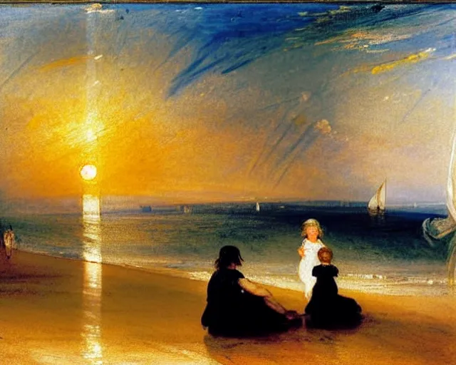 Image similar to a couple and a girl toddler on a beach in sardinia looking at the sunset, there is a sailing boat on the horizon, the woman has long dark hair, white sand, blue sky, summer, white and blue, painting by j. m. w. turner in 2 0 2 2