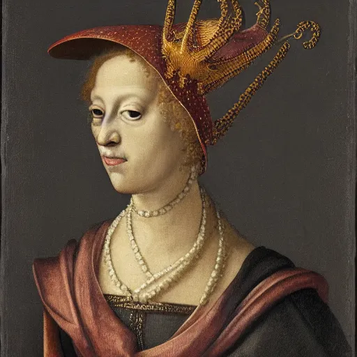Prompt: renaissance style portrait of a cuttlefish wearing a crown and a cape, dark background
