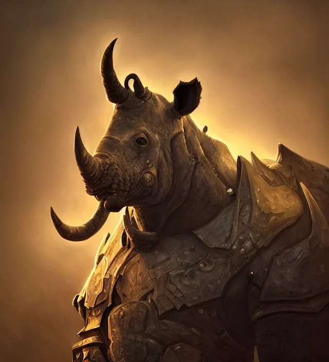 Image similar to “a well rendered anthropomorphic rhinoceros portrait, world of Warcraft armor, subject in the center of the frame, rule of thirds, golden ratio, cyberpunk, elegant, digital painting, octane 4k render, zbrush, hyperrealistic, artstation, concept art, smooth, sharp focus, illustration from DnD by Ruan Jia and Mandy Jurgens and Artgerm and William-Adolphe Bouguerea”