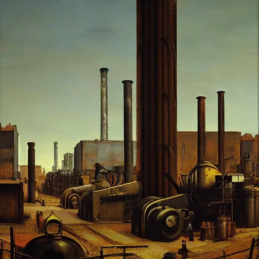 Image similar to steel factory yard giorgio de chirico graham sutherland greg rutkowski odd nerdrum simon stalenhag