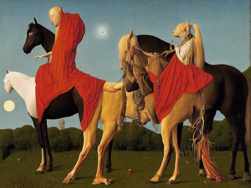 Image similar to albino mystic, with his back turned, with beautiful exotic horse in the day of the eclipse. Painting by Jan van Eyck, Audubon, Rene Magritte, Agnes Pelton, Max Ernst, Walton Ford