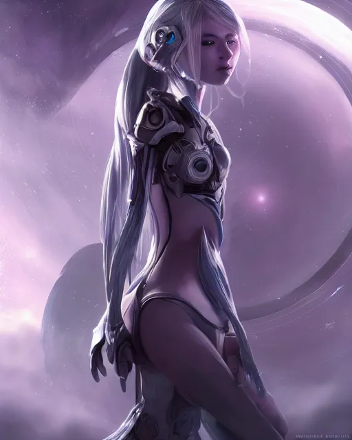 Image similar to perfect android girl on a mothership, warframe armor, beautiful face, scifi, futuristic, galaxy, nebula, raytracing, dreamy, digital painting, long white hair, blue cyborg eyes, sharp focus, intricate, highly detailed, artstation, intricate, innocent, art by gauthier leblanc, kazuya takahashi, huifeng huang