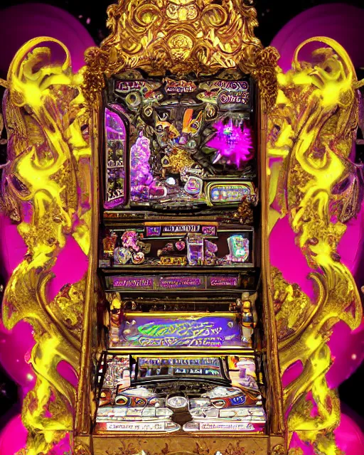 Prompt: baroque rococo-style bedazzled gothic royalty frames surrounding an slots pinball machine of pixelsort energy drink made out of glowing ooze, radioactive candy worms, and fairy magick.