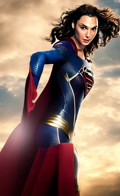 Image similar to a potrait of Gal Gadot as Supergirl with man of steel suit style and full armour by Zack Snyder, 8k photorealistic, cinematic lighting, HD, high details, dramatic, trending on artstation, view from above