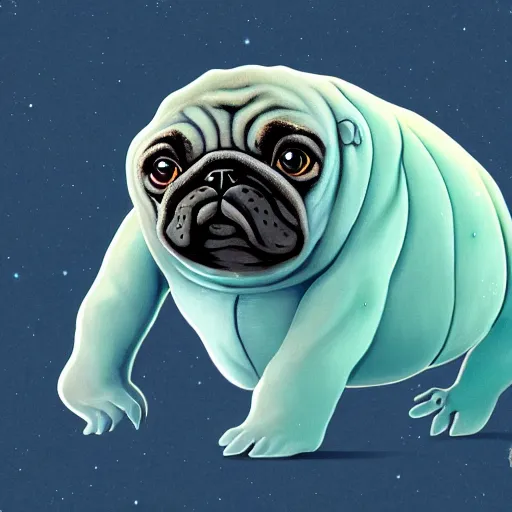 Image similar to A tardigrade with the eyes and mouth of a pug, national geographic-file-photograph, paywall-content, premium-award-winning, trending on artstation