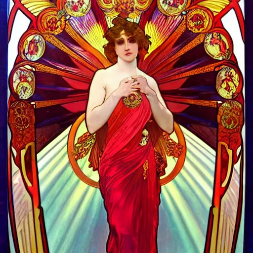 Image similar to a beautiful orchid phoenix angel woman, in an ornamented dress with large, volumetric light, god rays, 8 k high resolution, rubies, by alphonse mucha