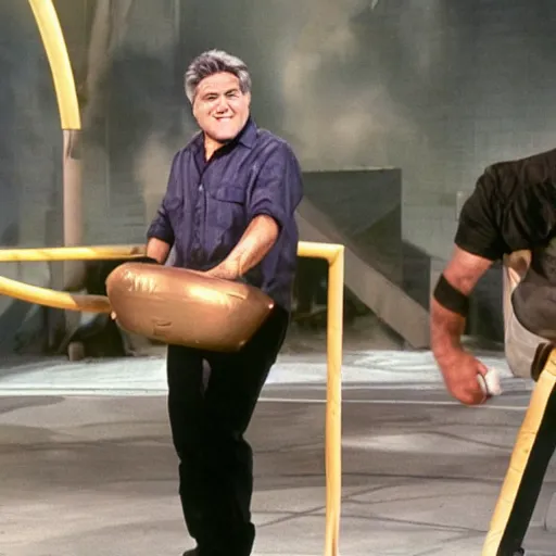 Prompt: jay leno performing a challenge in fear factor