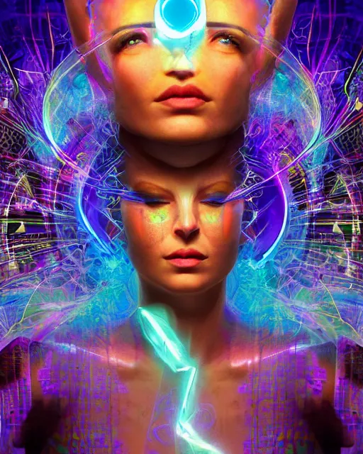 Image similar to a powerful energy psychedelic matrix priestess, by alexander fedosav, hyper detailed digital matte painting, concept art, hyperrealism, 1 6 k resolution, cinema 4 d, 8 k resolution, trending on artstation, behance hd, a masterpiece, by stephan martiniere, particles, cel - shaded, power bright neon energy, by david a. hardy,