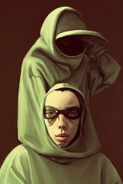 Prompt: Billie Eilish wearing oculus and bitcoin over his head Edward Hopper and James Gilleard, Zdzislaw Beksisnski, highly detailed