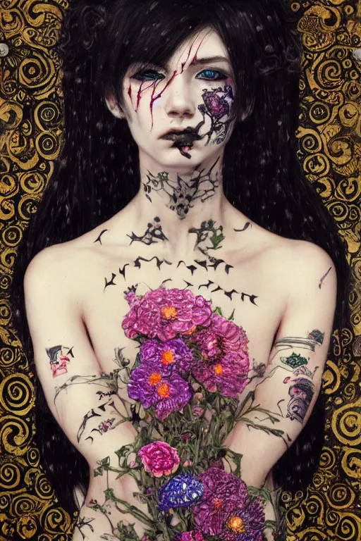 Image similar to portrait of beautiful young gothic man, cyberpunk armor, a lot of scars, more and more flowers, japanese style, warhammer, highly detailed, artstation, illustration, art by gustav klimt