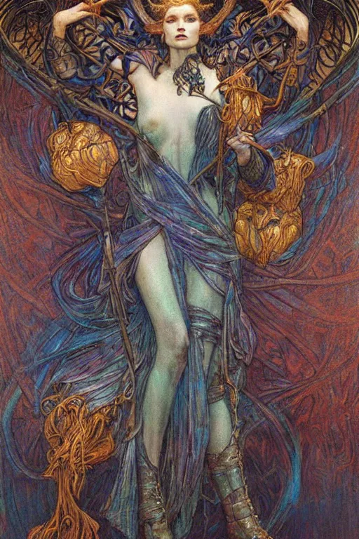 Prompt: gutterpunk goddess , by Annie Swynnerton and jean delville and Gaston Bussière and Tino Rodriguez, black leather and embroidered velvet, iridescent beetles, rich color, dramatic cinematic lighting, extremely detailed