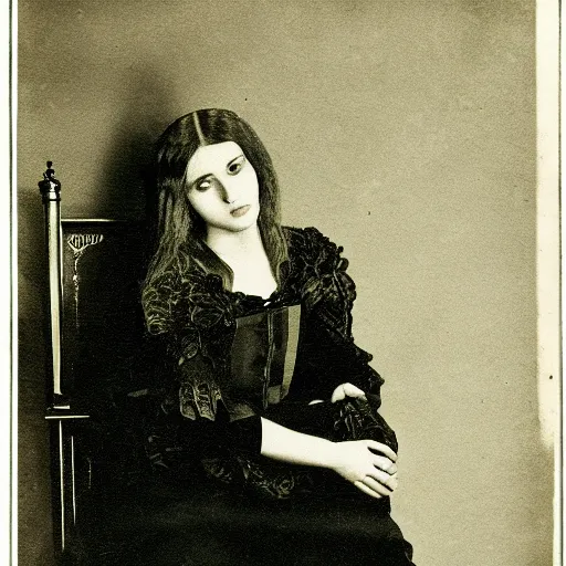 Image similar to photo, young woman, sitting on chair, gothic clothes