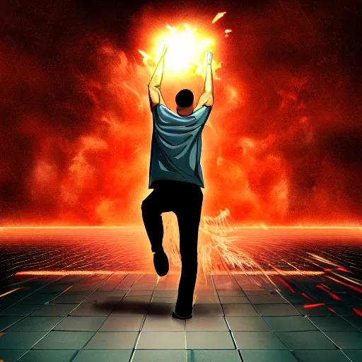 Prompt: man hitting the ground creating a explosion, anime, album cover