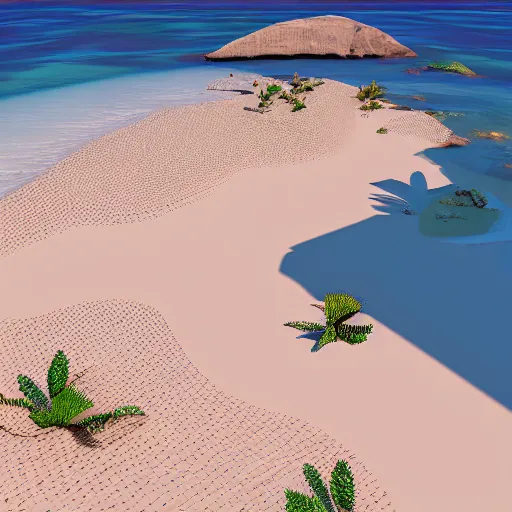 Prompt: isometric very low - poly render of a sandy beach, concept art