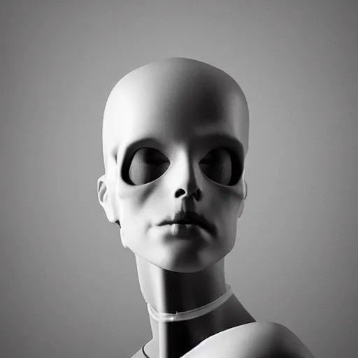 Image similar to black and white dreamy foggy smoky profile face portrait, single skeletal biomechanical beautiful young female cyclops - cyborg - robot bust, body ribs meshes,, volumetric light, rim light, by dora maar and cecile beaton, big gothic fashion pearl embroidered collar, 8 k