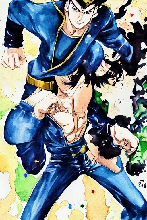 Image similar to manga cover, jotaro vs dio, art by hirohiko araki, vogue outfit, dynamic pose, action pose, muscular, watercolor