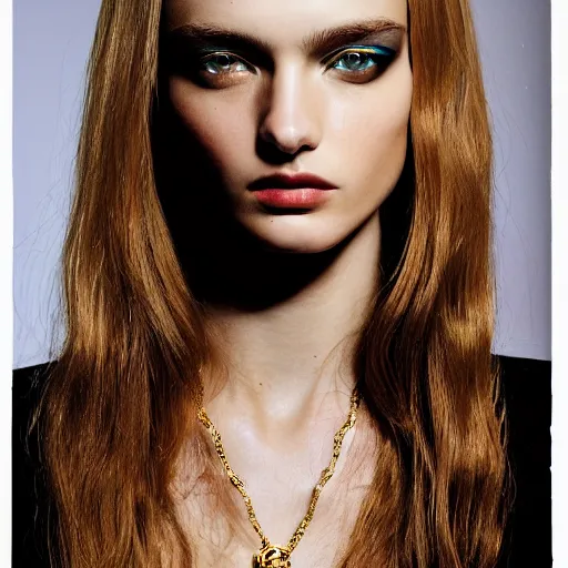 Prompt: A beautiful portrait of Daria Strokous as a model at Versace fashion show as a model Spring/Summer 2010, highly detailed, in the style of cinematic, Milan fashion week backstage, Extreme close up, Makeup by Pat McGrath, Hair by Guido Palau