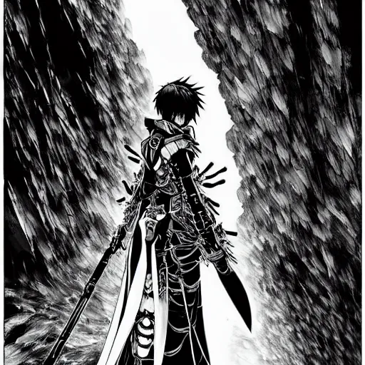 Image similar to a vertical portrait of a manga character in a scenic environment by nihei tsutomu, black and white, dreamy, steampunk armor, highly detailed