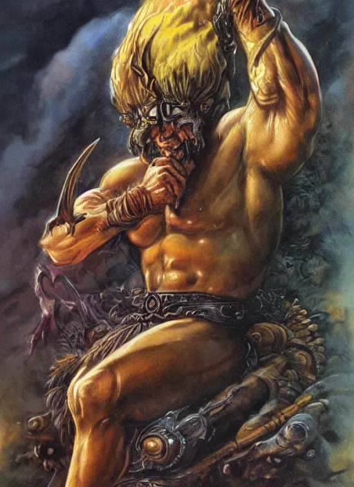 Image similar to portrait of strong grizzled male god of the hunt, iron crown, claw scarsstrong line, deep color, beautiful! coherent! by boris vallejo, by brian froud