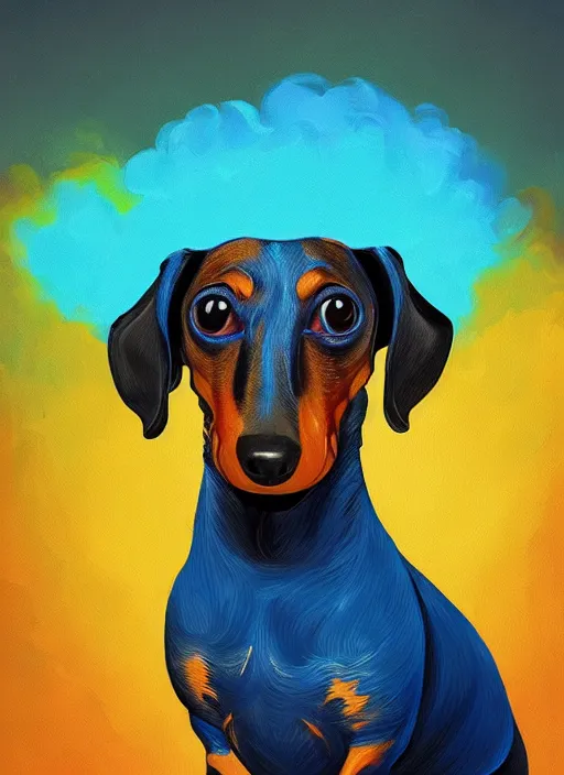 Image similar to a painting of a dachshund facewith its tounge sticking out, with blue and yellow smoke coming out of, a digital painting by petros afshar, behance contest winner, digital art, behance hd, digital illustration, digital painting