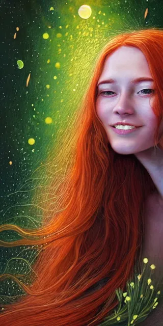 Image similar to infp young woman, smiling amazed, golden fireflies lights, sitting in the midst of nature fully covered, long loose red hair, intricate linework, bright accurate green eyes, small nose with freckles, oval shape face, realistic, expressive emotions, dramatic lights spiritual scene, hyper realistic ultrafine art by michael cheval, jessica rossier, boris vallejo