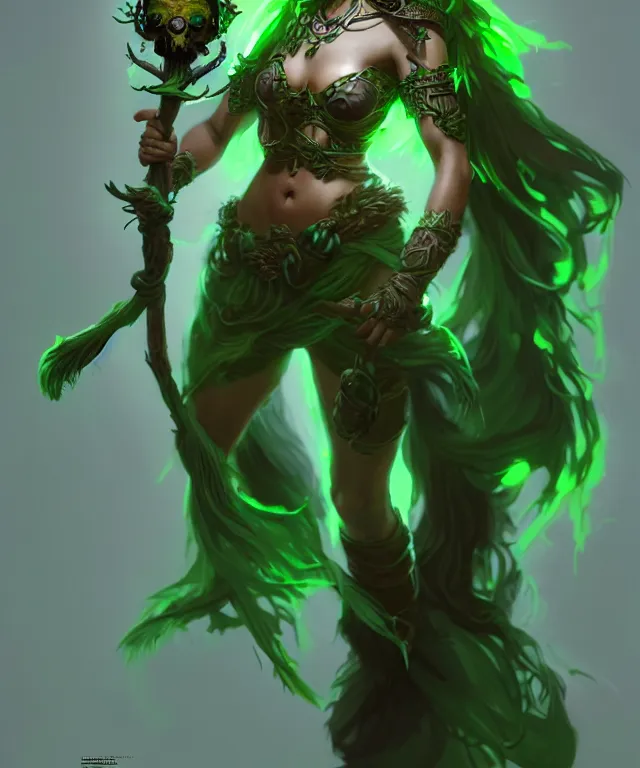 Prompt: beautful full body portrait of a female druid holding a skull staff, short green majestic hair, elegant fashion, by yu cheng hong, dave greco, grafit studio, digital art, ultra detailed, rendered in unreal engine, concept art, trending on artstation